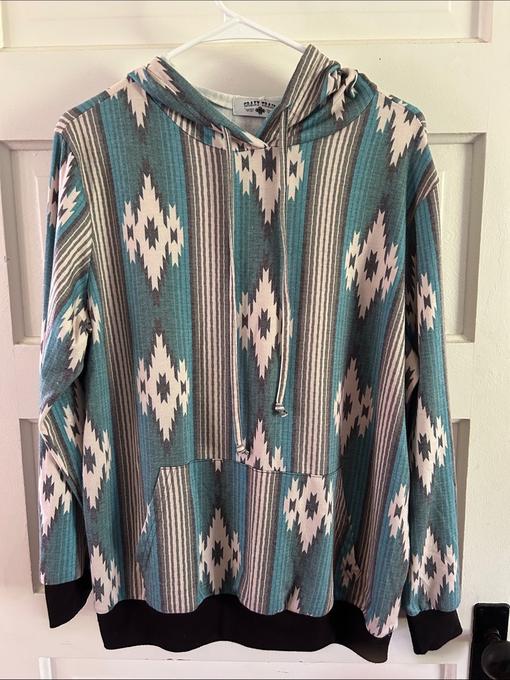 Crazy Train-Turquoise Western Aztec Stripe Hooded Pullover Hoodie Sz M
